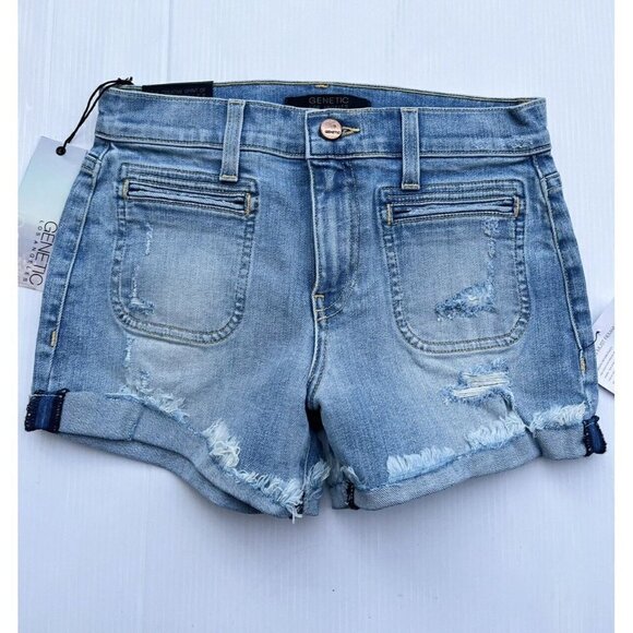 Genetic Denim Women's Blue Jacqueline Patch Pockets Cuffed Jeans Mini Shorts - Picture 1 of 14
